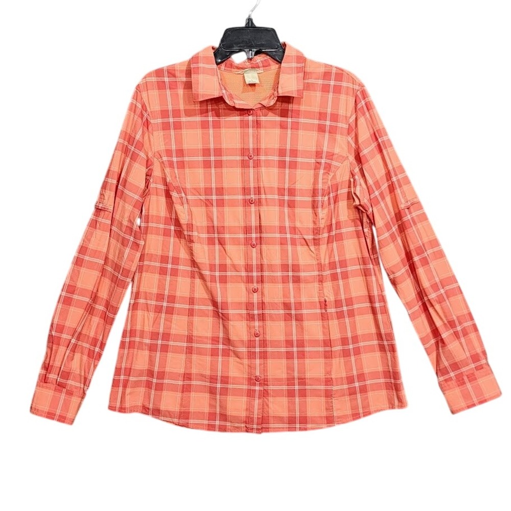 Duluth Trading Co. Plaid Long‎ Sleeve Button Front Shirt Vented Peach Orange L